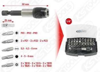 Otsikute komplekt 1/4", 32-osa, lukustigahoidikuga