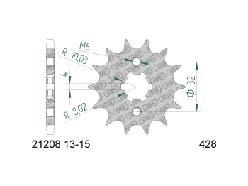 front sprocket AFAM 15 teeth 428 for Yamaha Motor 125 LC YI-3 Beta, HM, MH, Rieju, Yamaha