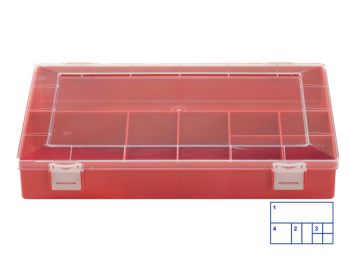 Sorting box Hünersdorff, Classic (225x335x55mm) 8 compartments, polystyrene, red