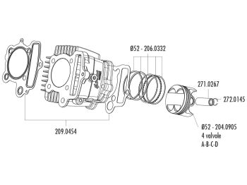 piston kit Polini 107cc 52mm (A) for Polini Minicross, Minimotard 110 XP4T with 4V cylinder head