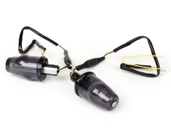 Pair of indicators -MOTO NOSTRA handlebar end indicator LED (E-mark), 12 volt- Vespa V50, 50SS, 50SR, 50 Sprinter, 90SS, 90 Racer, PV125, ET3, Sprint150, Rally180/200 - black