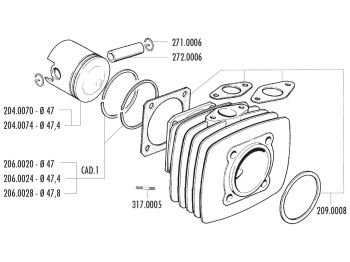 piston ring Polini 47.0x1.5mm for Fantic Motor Issimo, Minarelli V1, Vespa PK, XL, Ape 50